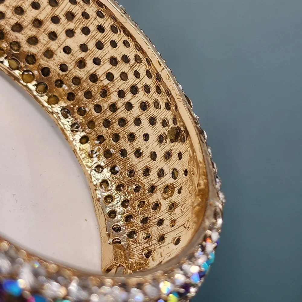 Aurora Borealis Rhinestone Wide Hinged Bangle Bracelet Gold Tone Glam Statement